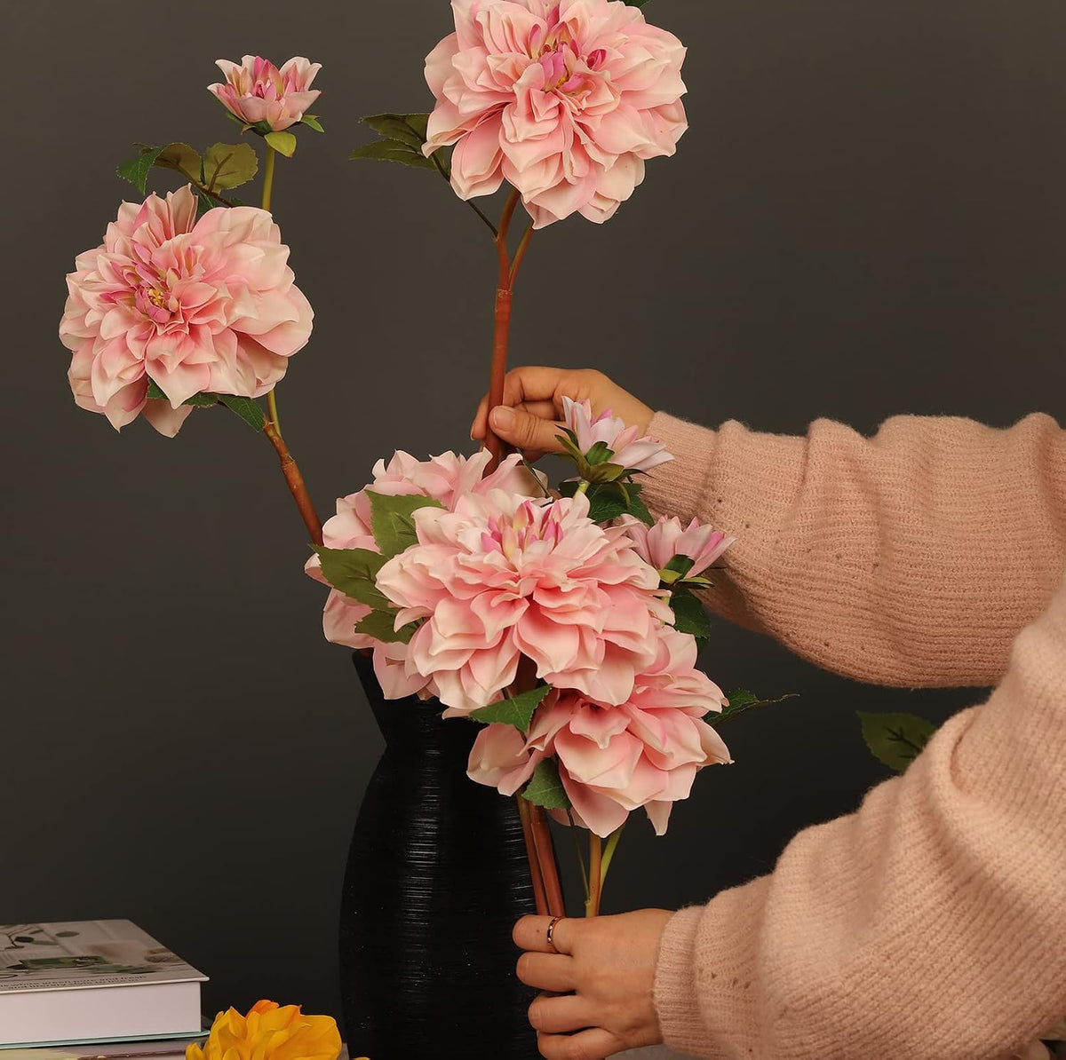 Silk Dahlia Artificial Flowers 24 Inch Long Stem - 5 Pack Fake Flowers for Wedding Bouquets,Home Decor,Fake Fall Flowers Decor,Table Arrangements-Faux Dahlia Floral (Pink1)