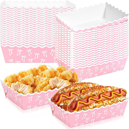 80 Pcs Pink Bow Paper Food Trays Pink Coquette Bowknot Kraft Paper Boat Trays for Birthday Wedding Baby Shower Party Decor(Tray2)