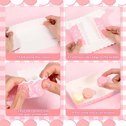 80 Pcs Pink Bow Paper Food Trays Pink Coquette Bowknot Kraft Paper Boat Trays for Birthday Wedding Baby Shower Party Decor(Tray2)