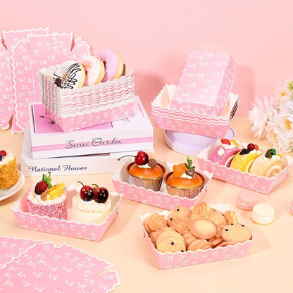 80 Pcs Pink Bow Paper Food Trays Pink Coquette Bowknot Kraft Paper Boat Trays for Birthday Wedding Baby Shower Party Decor(Tray2)