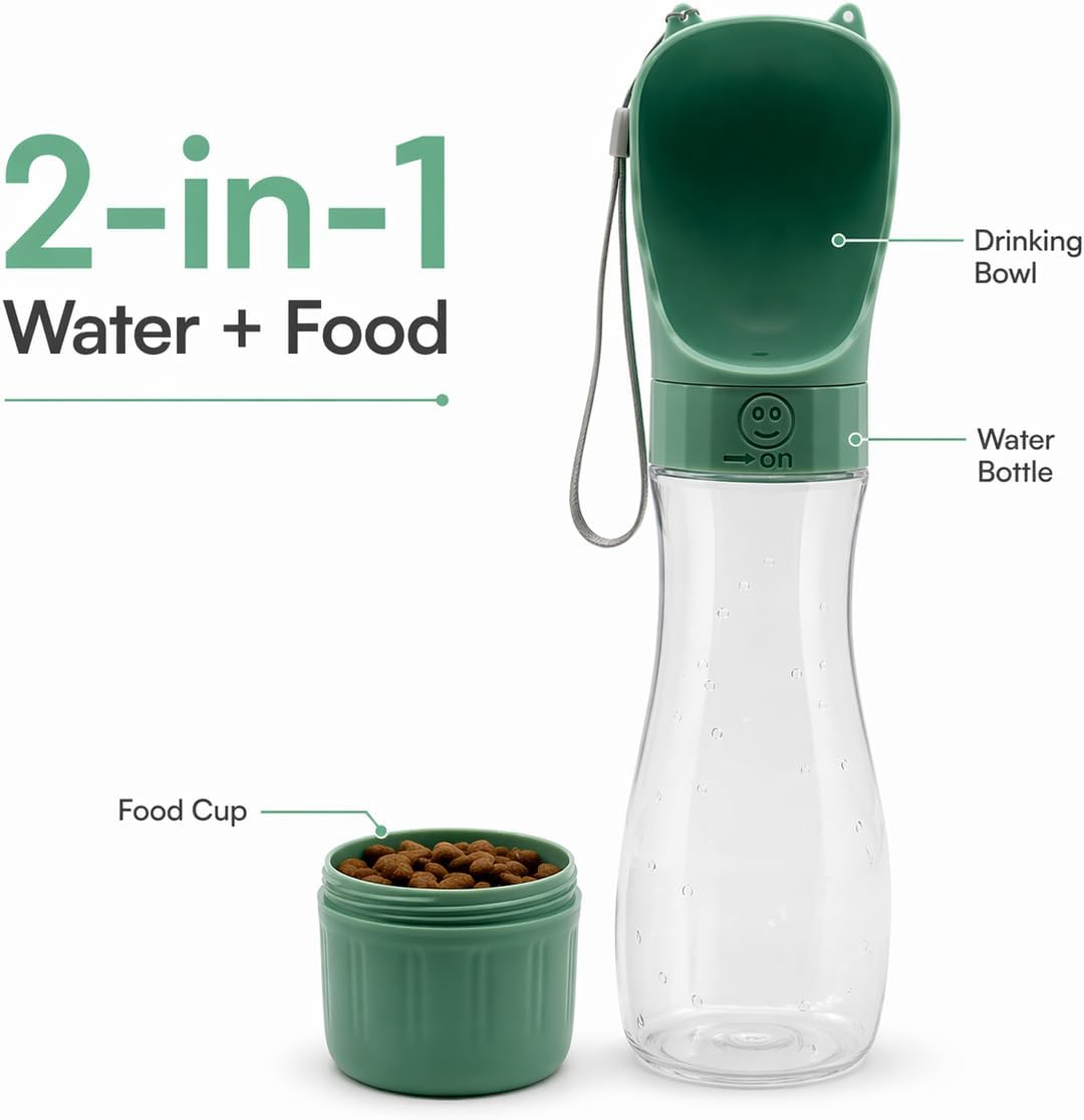 Portable Dog Water Bottle with Food Container, Leak-Resistant Travel Water Dispenser for Walking, Hiking & Travel