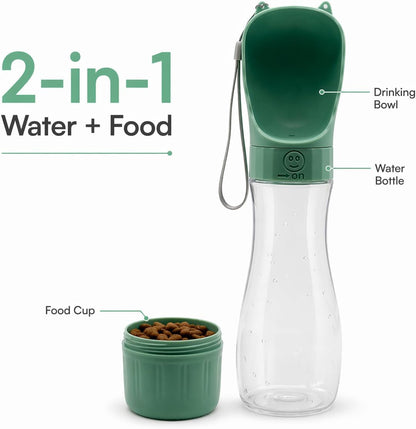Portable Dog Water Bottle with Food Container, Leak-Resistant Travel Water Dispenser for Walking, Hiking & Travel