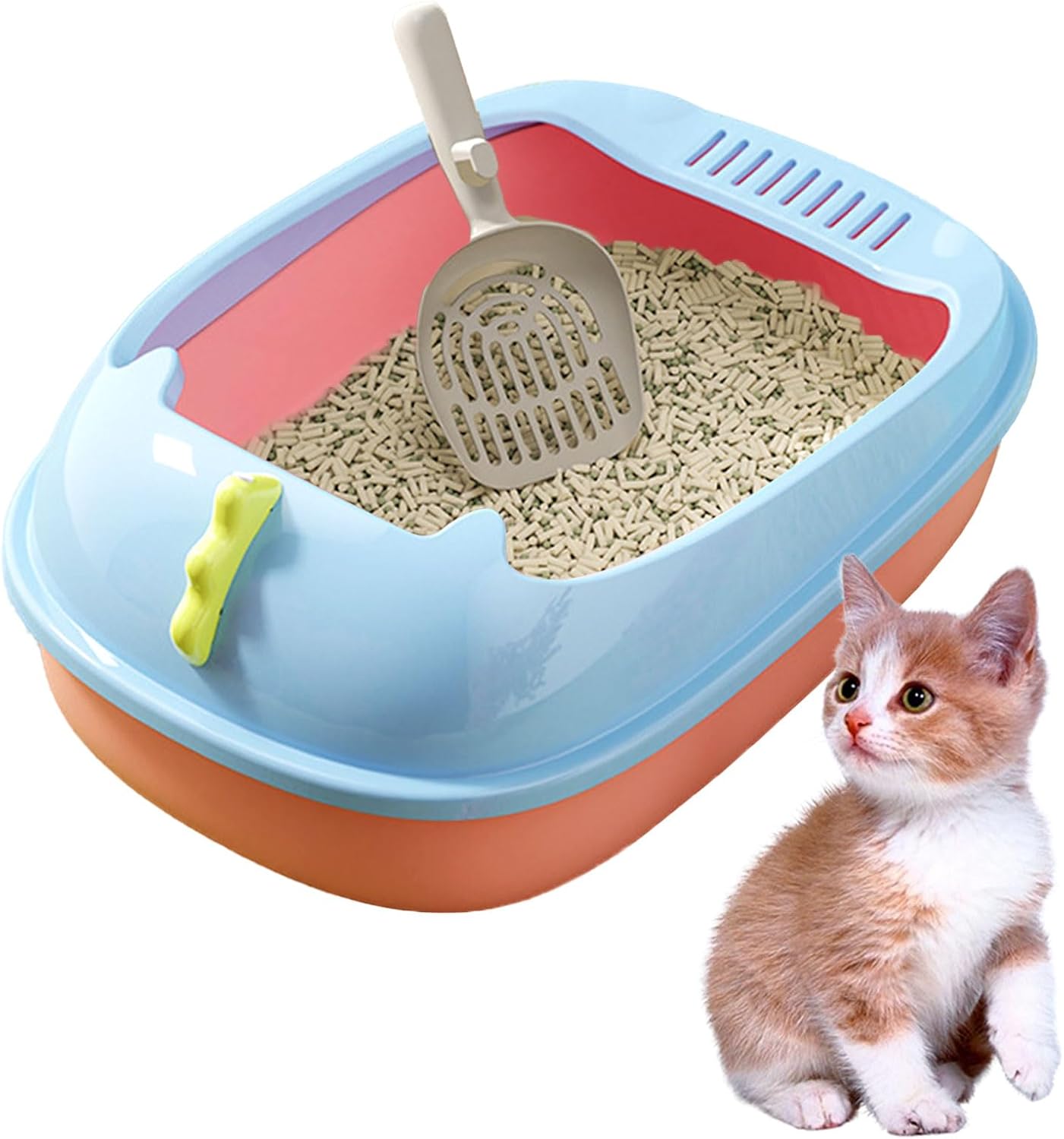 Open Cat Litter Box, Anti-Splashing Cat Toilet with Litter Sifting Scoop Prevent Sand Leakage Cat Litter Pan Semi-Enclosed Removable Kitten Litter Box (Pink, Small)
