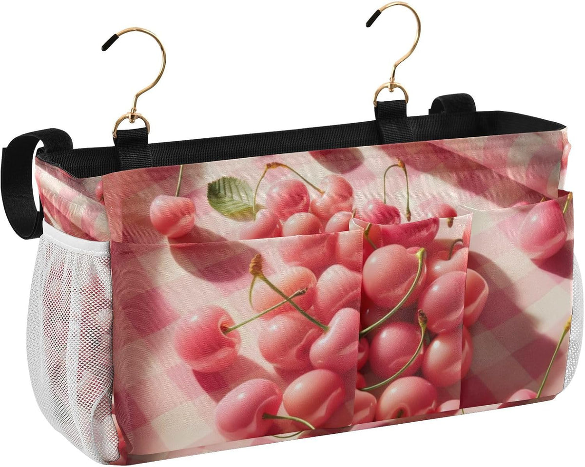 Pink Cherry Fruits Plaid Bedside Caddy Bedside Organizer Bedside Storage Caddy College Dorm Bed Accessories
