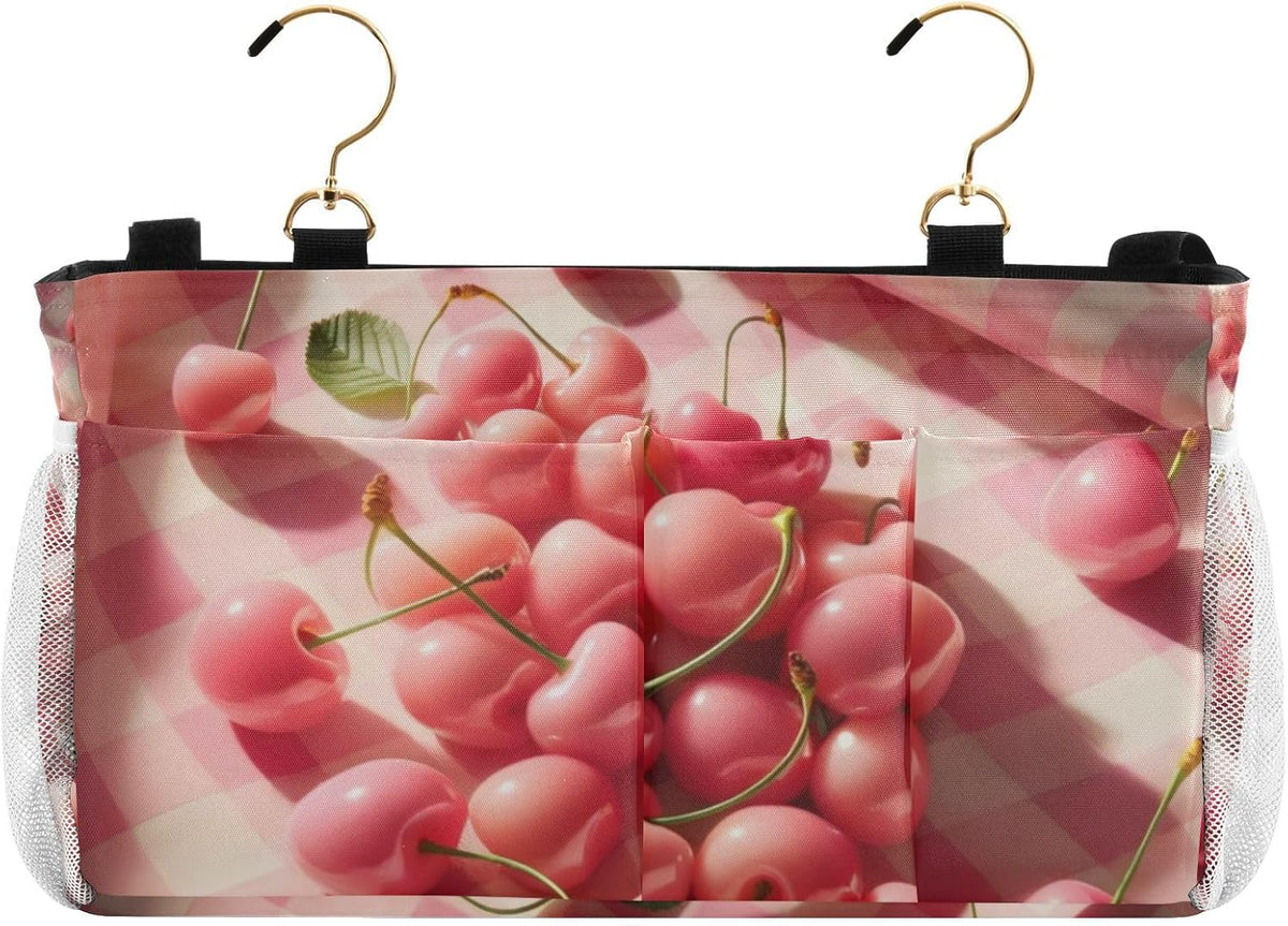 Pink Cherry Fruits Plaid Bedside Caddy Bedside Organizer Bedside Storage Caddy College Dorm Bed Accessories