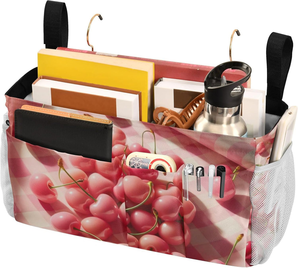 Pink Cherry Fruits Plaid Bedside Caddy Bedside Organizer Bedside Storage Caddy College Dorm Bed Accessories