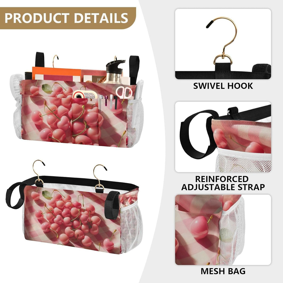 Pink Cherry Fruits Plaid Bedside Caddy Bedside Organizer Bedside Storage Caddy College Dorm Bed Accessories