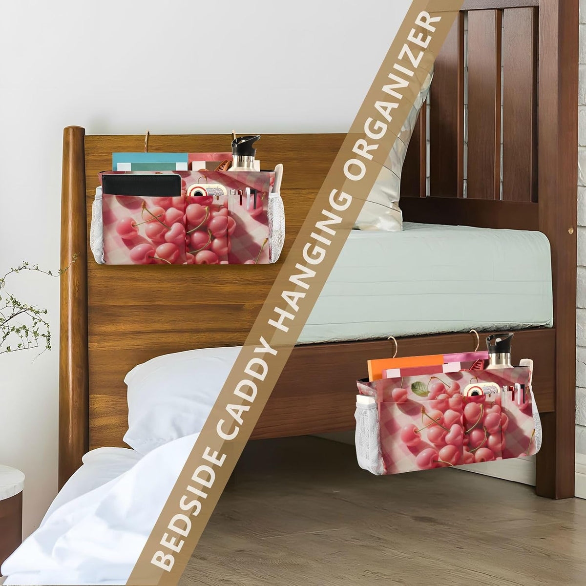 Pink Cherry Fruits Plaid Bedside Caddy Bedside Organizer Bedside Storage Caddy College Dorm Bed Accessories