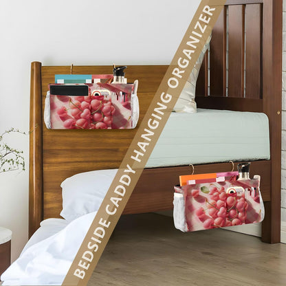 Pink Cherry Fruits Plaid Bedside Caddy Bedside Organizer Bedside Storage Caddy College Dorm Bed Accessories