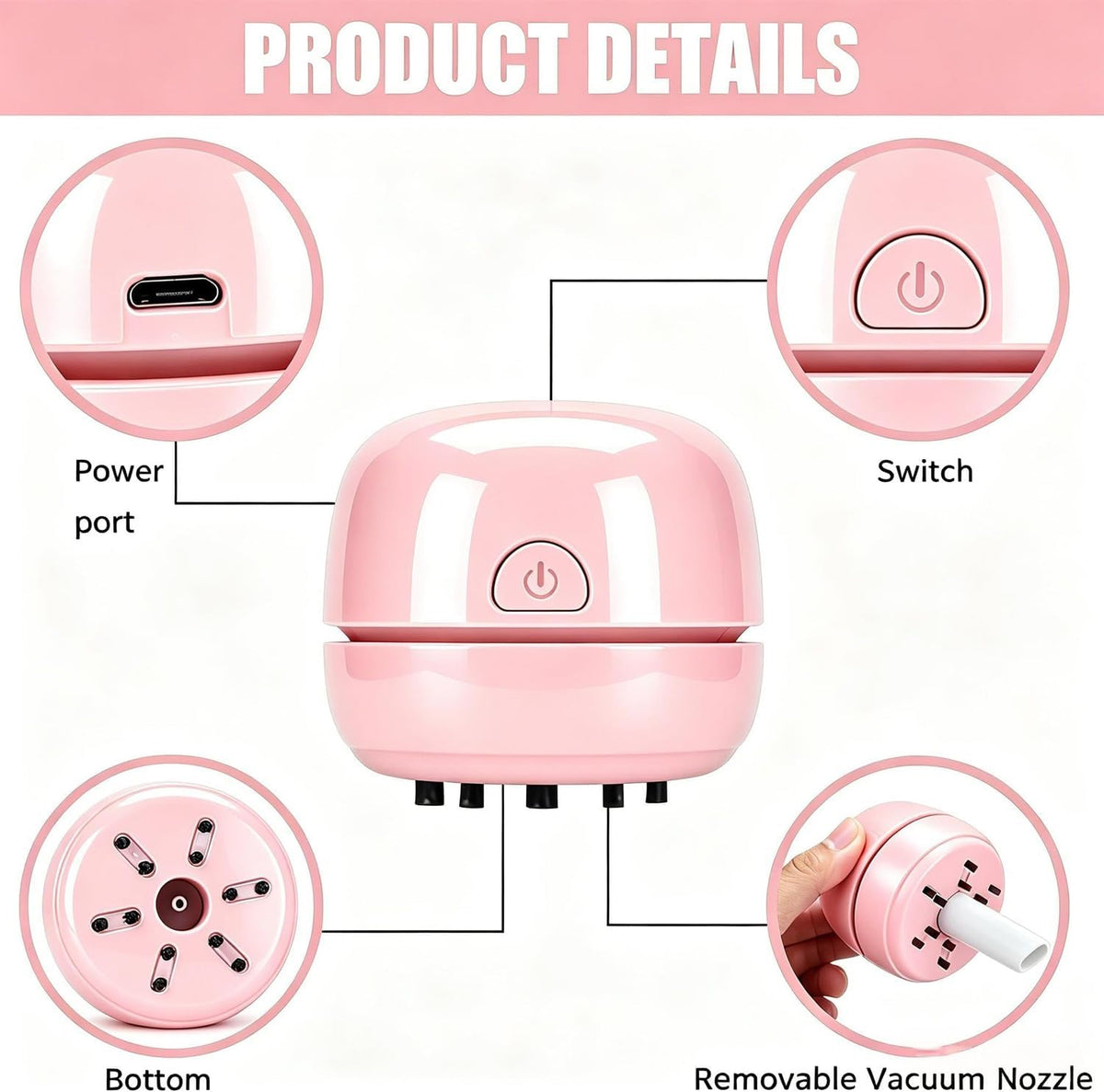 Desktop Vacuum Cleaner USB Recharging, Portable Mini Vacuum Cleaner for Cleaning Eraser Crumbs, Dust, Crumbs, Computer Keyboard and Car (Pink)