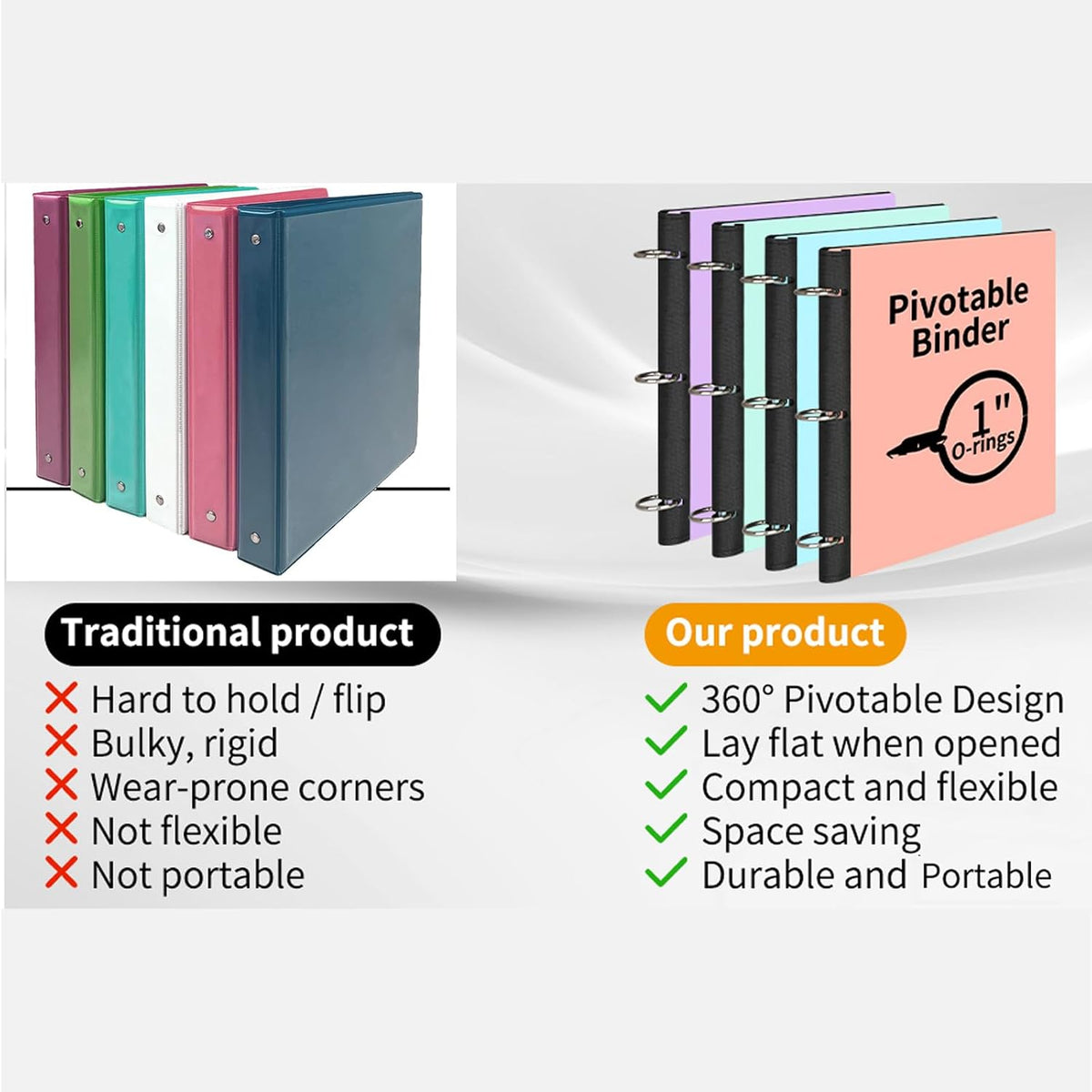 LETVPVOW 360° Pivotable 3 Ring Binder, Soft 1 inch Binders 3 Ring, Flexible Thin Soft Three Ring Binder Fits 8.5" x 11", for Home, School and Office-Pink
