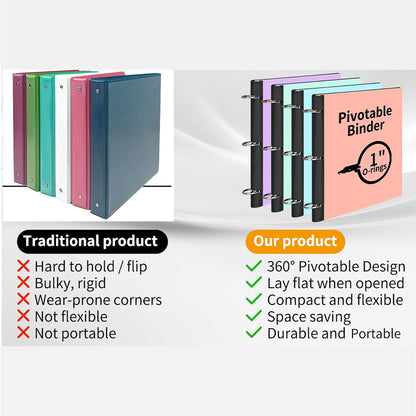 LETVPVOW 360° Pivotable 3 Ring Binder, Soft 1 inch Binders 3 Ring, Flexible Thin Soft Three Ring Binder Fits 8.5" x 11", for Home, School and Office-Pink