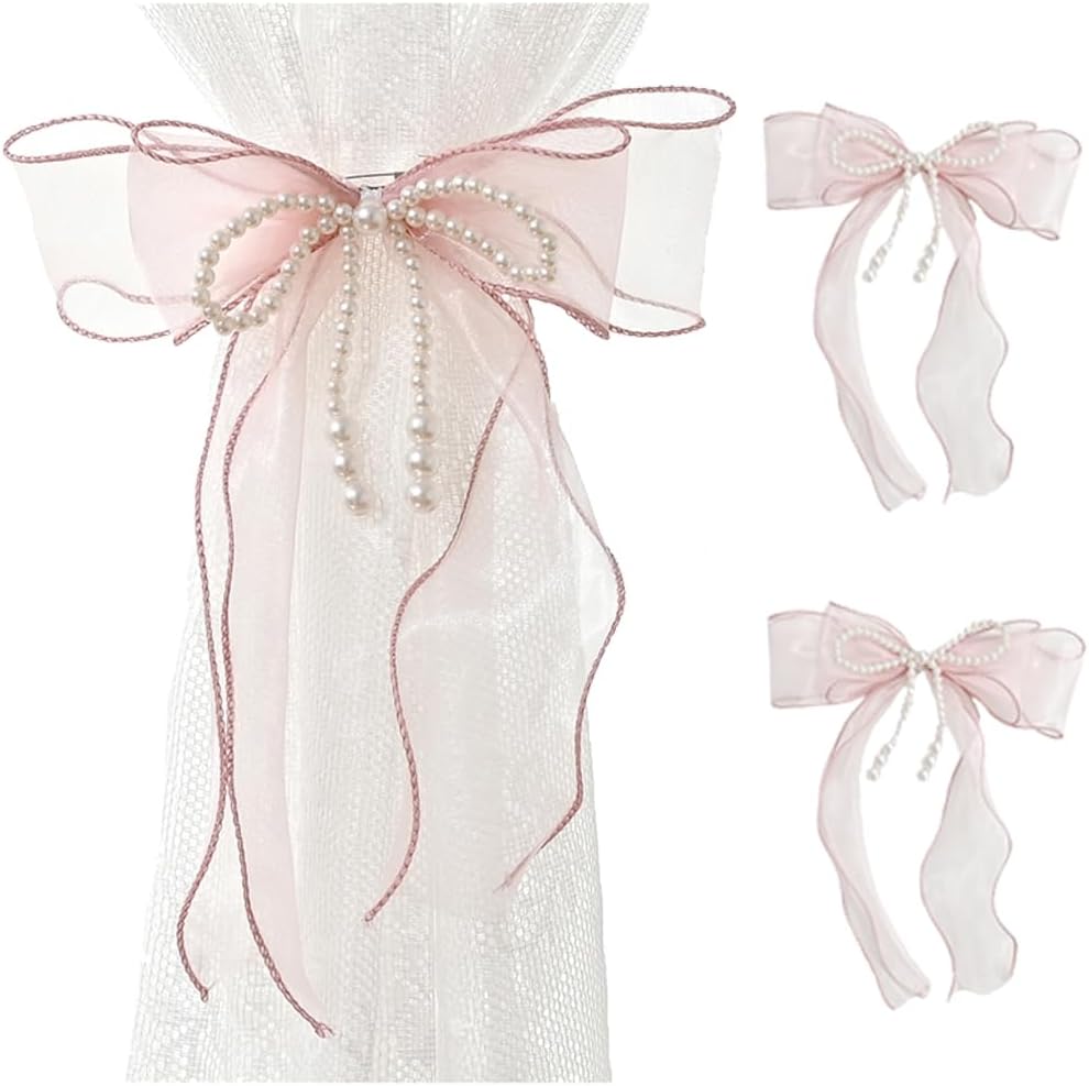 2 Pcs Bowknot Curtain Tiebacks, Butterfly Curtain Ties with Pearls, Sweet Bow Curtain Holdbacks Buckles for Home Decorative (Pink)