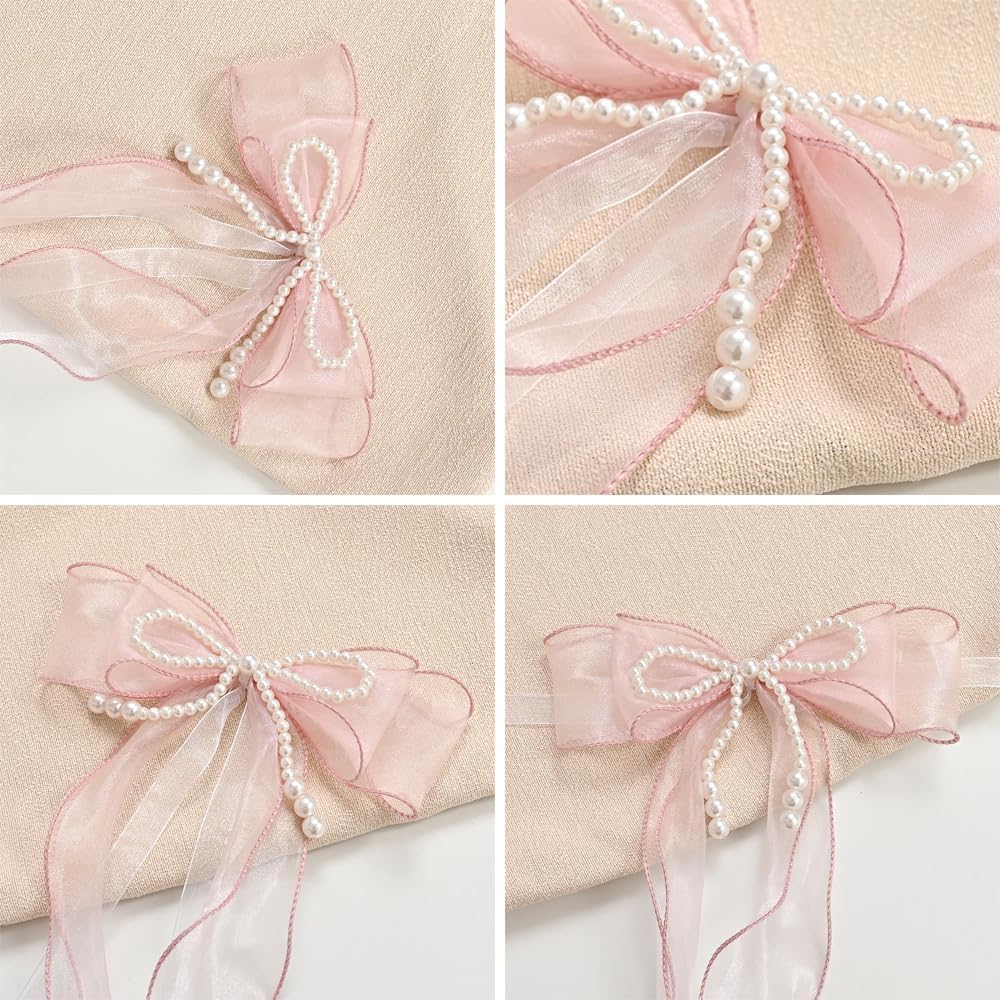 2 Pcs Bowknot Curtain Tiebacks, Butterfly Curtain Ties with Pearls, Sweet Bow Curtain Holdbacks Buckles for Home Decorative (Pink)