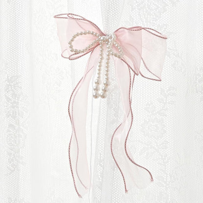2 Pcs Bowknot Curtain Tiebacks, Butterfly Curtain Ties with Pearls, Sweet Bow Curtain Holdbacks Buckles for Home Decorative (Pink)