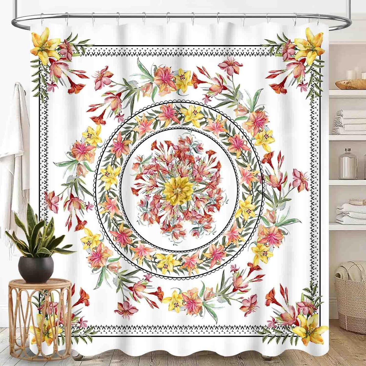 Boho Floral Shower Curtain for Bathroom, Hippie Bohemian Pink Spring Floral Medallion Indian Mandala Chic Aesthetical Colorful Waterproof Fabric Shower Curtain Set with Hooks, 72"x84" Inch