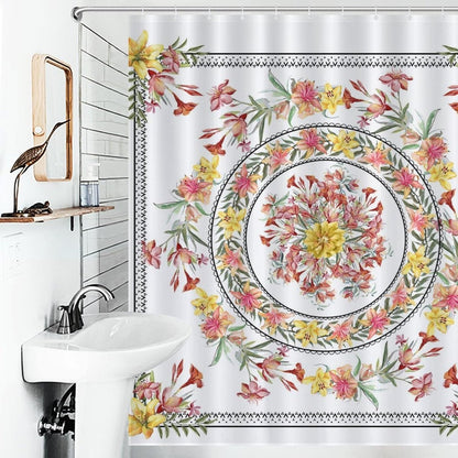 Boho Floral Shower Curtain for Bathroom, Hippie Bohemian Pink Spring Floral Medallion Indian Mandala Chic Aesthetical Colorful Waterproof Fabric Shower Curtain Set with Hooks, 72"x84" Inch