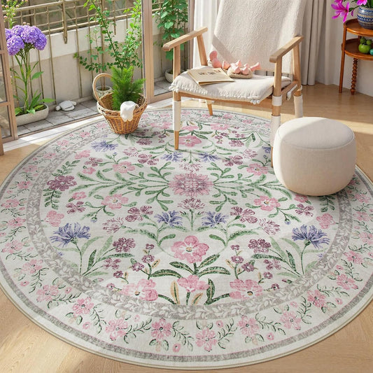 Floral Washable Round Rugs 6ft, Purple Circle Rugs for Bedroom Girls Dorm, Ultra-Thin Non Slip Boho Carpet for Nursery Girls Room Decor Living Room Playroom, Light Purple/Pink