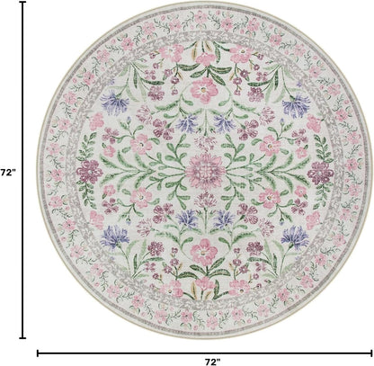 Floral Washable Round Rugs 6ft, Purple Circle Rugs for Bedroom Girls Dorm, Ultra-Thin Non Slip Boho Carpet for Nursery Girls Room Decor Living Room Playroom, Light Purple/Pink