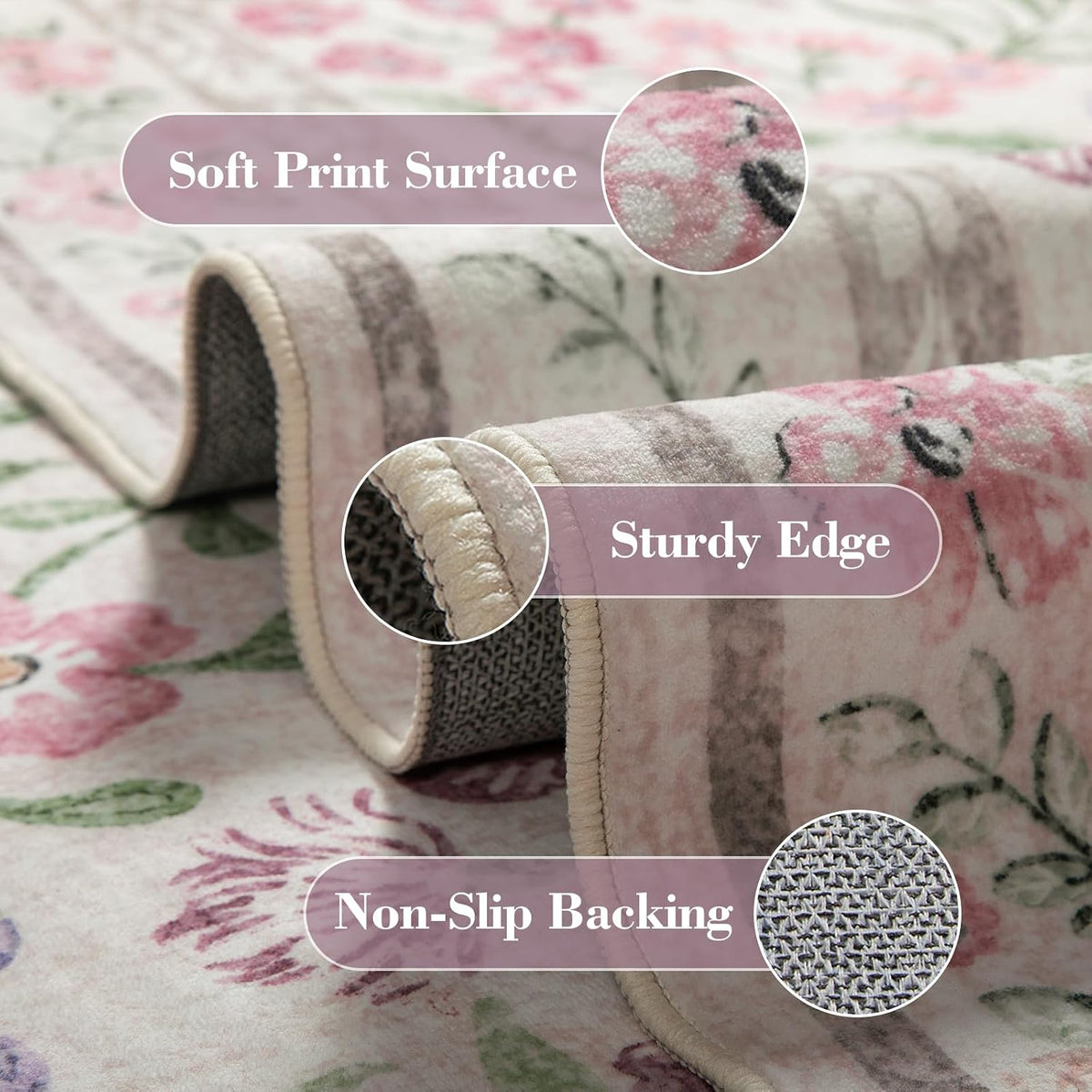 Floral Washable Round Rugs 6ft, Purple Circle Rugs for Bedroom Girls Dorm, Ultra-Thin Non Slip Boho Carpet for Nursery Girls Room Decor Living Room Playroom, Light Purple/Pink