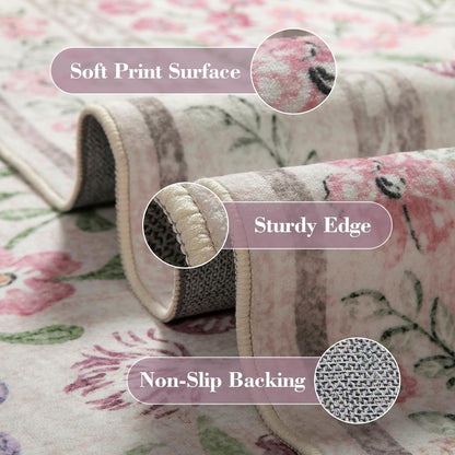 Floral Washable Round Rugs 6ft, Purple Circle Rugs for Bedroom Girls Dorm, Ultra-Thin Non Slip Boho Carpet for Nursery Girls Room Decor Living Room Playroom, Light Purple/Pink