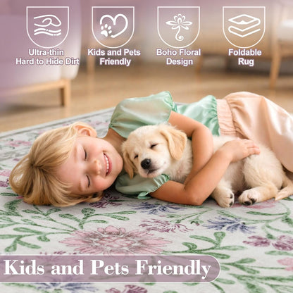 Floral Washable Round Rugs 6ft, Purple Circle Rugs for Bedroom Girls Dorm, Ultra-Thin Non Slip Boho Carpet for Nursery Girls Room Decor Living Room Playroom, Light Purple/Pink