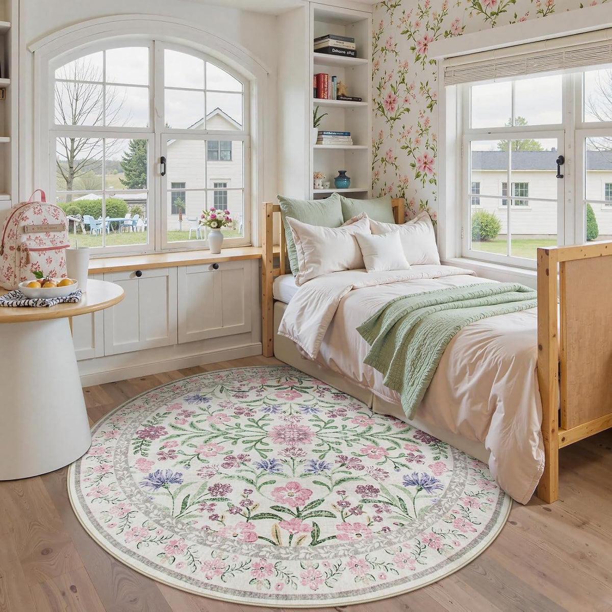 Floral Washable Round Rugs 6ft, Purple Circle Rugs for Bedroom Girls Dorm, Ultra-Thin Non Slip Boho Carpet for Nursery Girls Room Decor Living Room Playroom, Light Purple/Pink