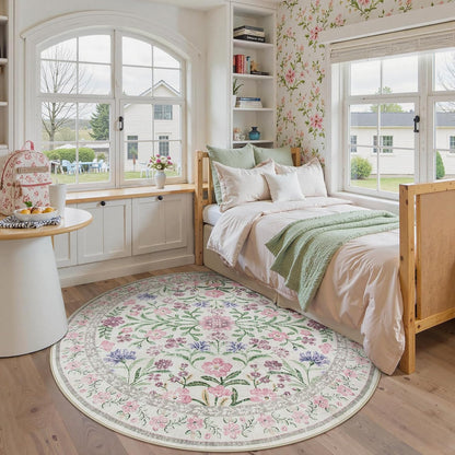Floral Washable Round Rugs 6ft, Purple Circle Rugs for Bedroom Girls Dorm, Ultra-Thin Non Slip Boho Carpet for Nursery Girls Room Decor Living Room Playroom, Light Purple/Pink