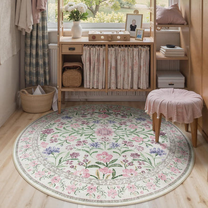 Floral Washable Round Rugs 6ft, Purple Circle Rugs for Bedroom Girls Dorm, Ultra-Thin Non Slip Boho Carpet for Nursery Girls Room Decor Living Room Playroom, Light Purple/Pink