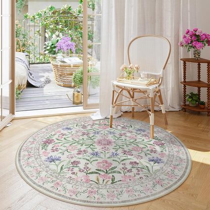Floral Washable Round Rugs 6ft, Purple Circle Rugs for Bedroom Girls Dorm, Ultra-Thin Non Slip Boho Carpet for Nursery Girls Room Decor Living Room Playroom, Light Purple/Pink