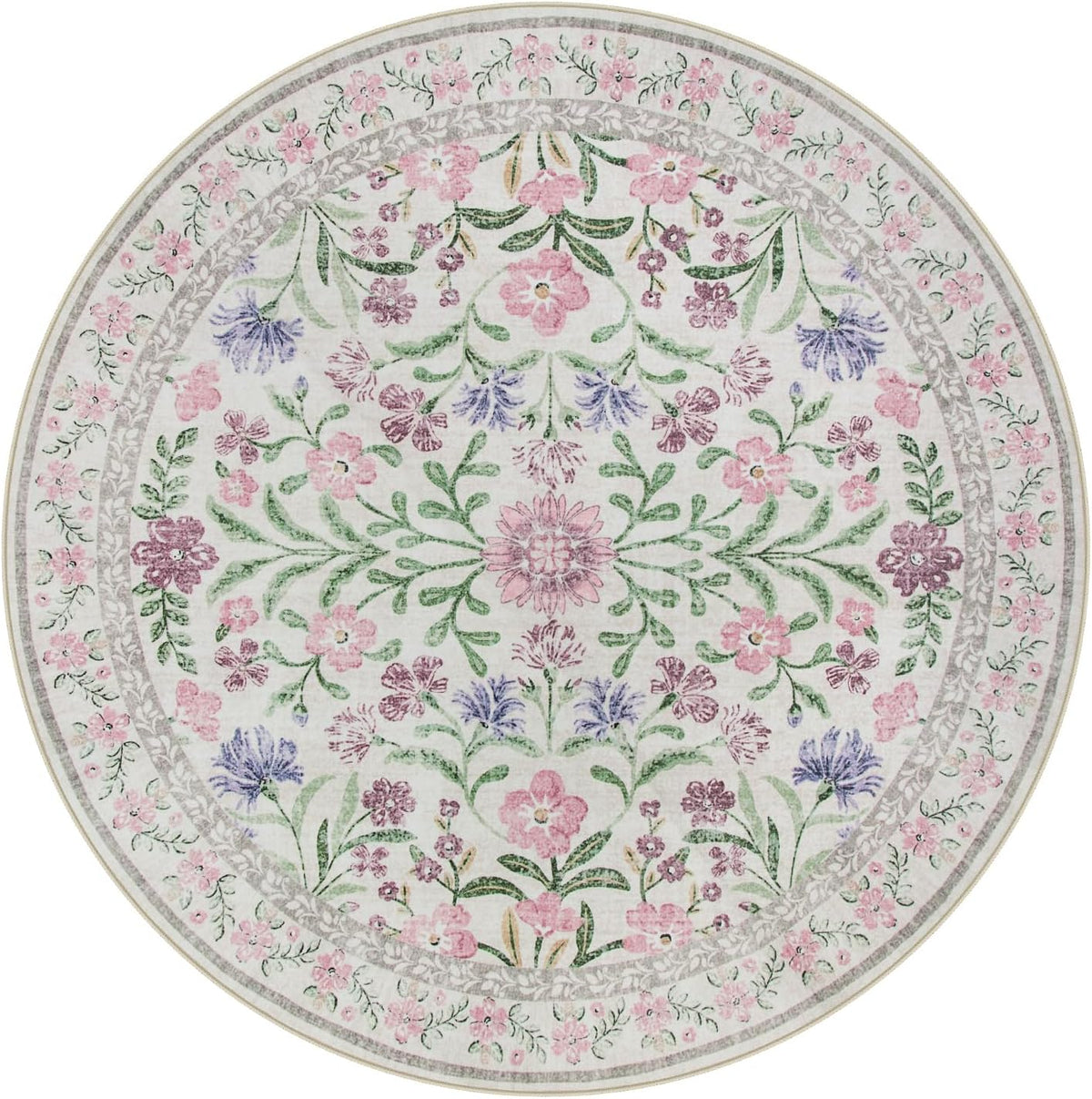 Floral Washable Round Rugs 6ft, Purple Circle Rugs for Bedroom Girls Dorm, Ultra-Thin Non Slip Boho Carpet for Nursery Girls Room Decor Living Room Playroom, Light Purple/Pink