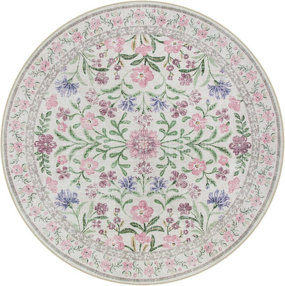 Floral Washable Round Rugs 6ft, Purple Circle Rugs for Bedroom Girls Dorm, Ultra-Thin Non Slip Boho Carpet for Nursery Girls Room Decor Living Room Playroom, Light Purple/Pink