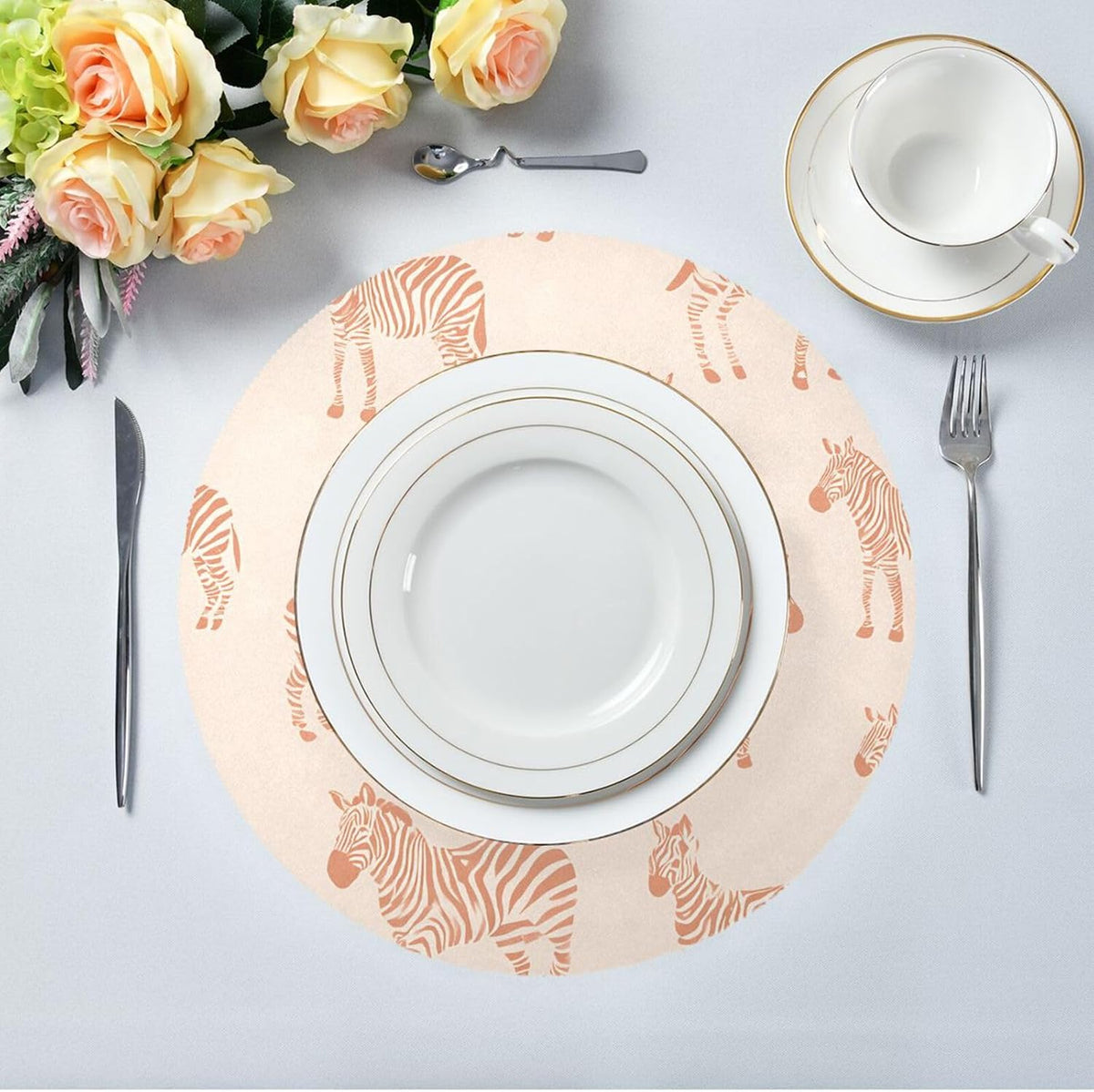 Round Placemats Peach Zebra Print Pattern Table Mats Washable Non-Slip Heat Resistant Place Mats for Dining Table Home Decoration Tray Mat 15.4"X15.4", Set of 1