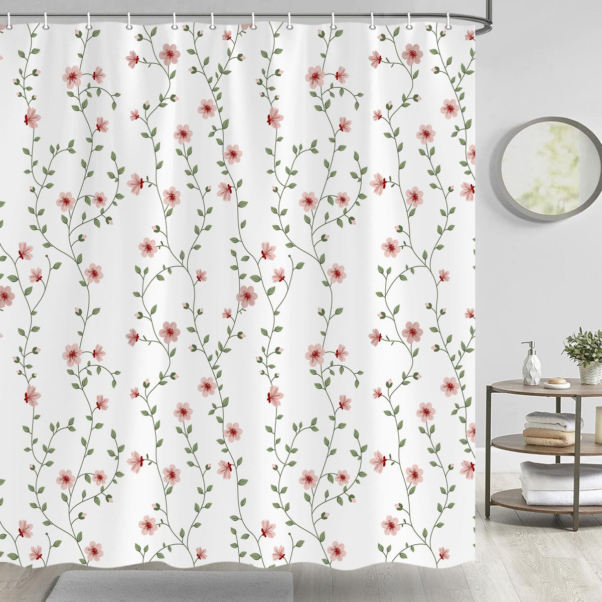 Pink Floral Shower Curtain, A Branch with Flowers and Leaves Shower Curtains for Bathroom, Botanical Green Ivy Fabric Bath Curtain with 12 Hooks 69 x 70Inch