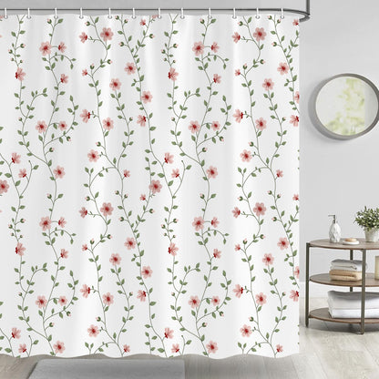 Pink Floral Shower Curtain, A Branch with Flowers and Leaves Shower Curtains for Bathroom, Botanical Green Ivy Fabric Bath Curtain with 12 Hooks 69 x 70Inch