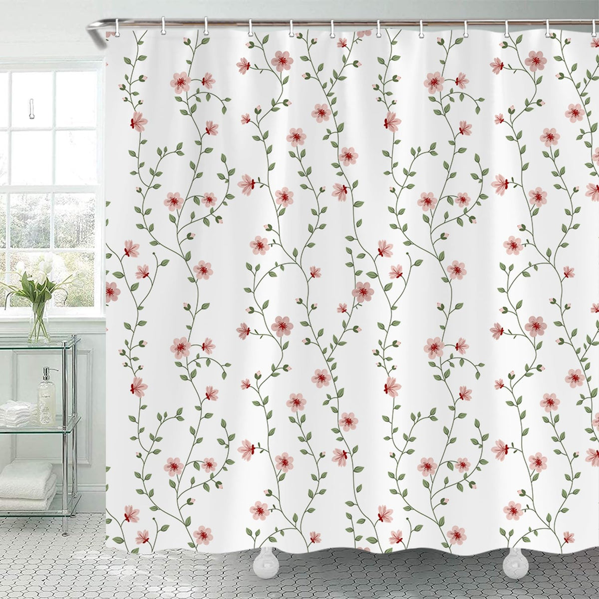 Pink Floral Shower Curtain, A Branch with Flowers and Leaves Shower Curtains for Bathroom, Botanical Green Ivy Fabric Bath Curtain with 12 Hooks 69 x 70Inch
