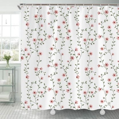 Pink Floral Shower Curtain, A Branch with Flowers and Leaves Shower Curtains for Bathroom, Botanical Green Ivy Fabric Bath Curtain with 12 Hooks 69 x 70Inch