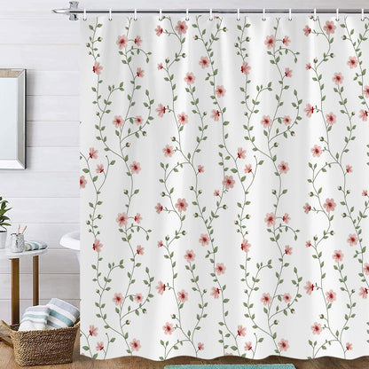 Pink Floral Shower Curtain, A Branch with Flowers and Leaves Shower Curtains for Bathroom, Botanical Green Ivy Fabric Bath Curtain with 12 Hooks 69 x 70Inch