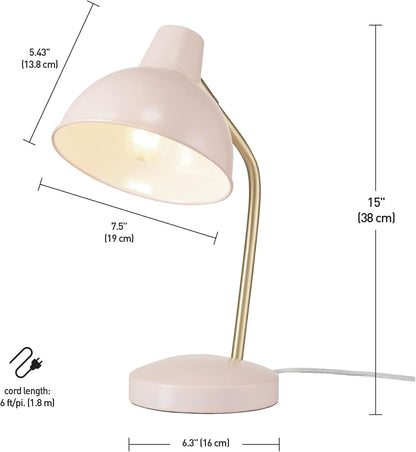 67339 16 Inch Pink Desk Lamp with Gold Arm, in-Line On/Off Switch, Reading Light, Ideal for Bedroom, Dorm and Office