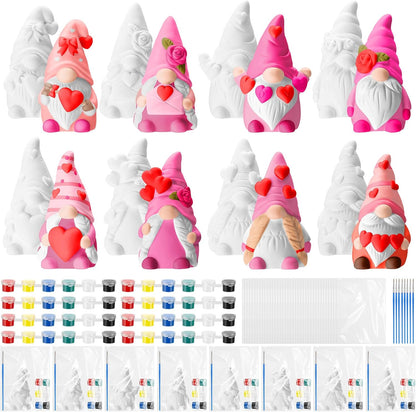 8 Pcs Mother's Day Gnome Ceramics to Paint Pink Ready to Paint Your Own Ceramic Gnome Statues DIY Unpainted Ceramics Paintable Figurines Kit Crafts with Brush Palette