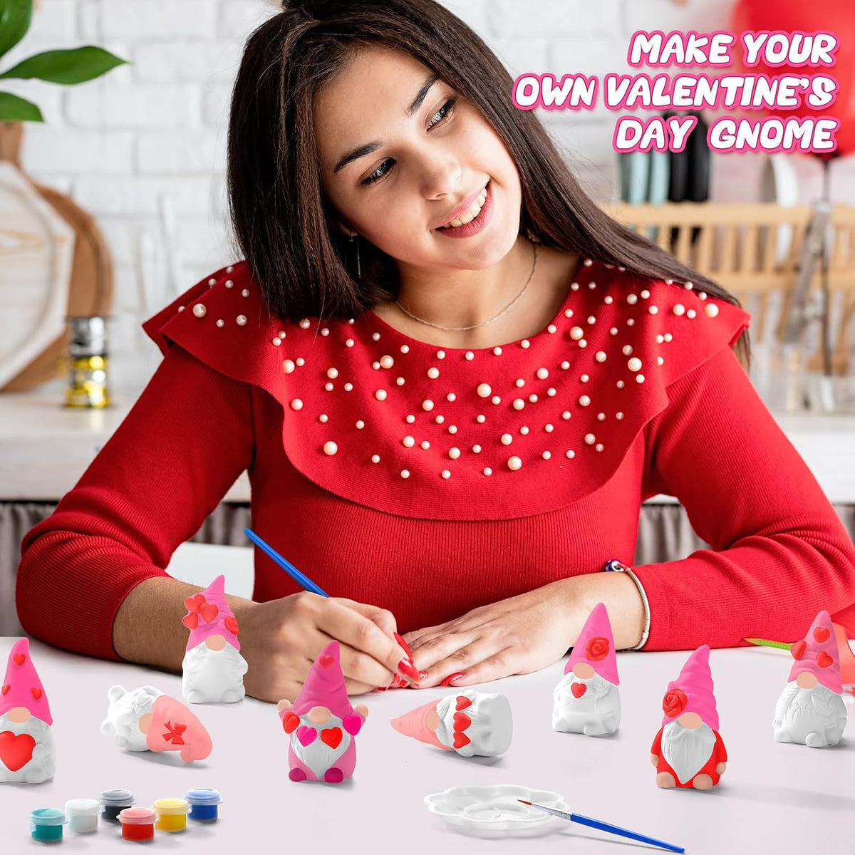 8 Pcs Mother's Day Gnome Ceramics to Paint Pink Ready to Paint Your Own Ceramic Gnome Statues DIY Unpainted Ceramics Paintable Figurines Kit Crafts with Brush Palette