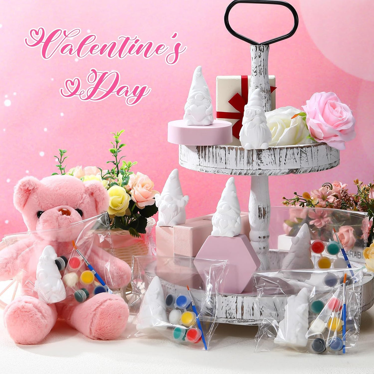 8 Pcs Mother's Day Gnome Ceramics to Paint Pink Ready to Paint Your Own Ceramic Gnome Statues DIY Unpainted Ceramics Paintable Figurines Kit Crafts with Brush Palette