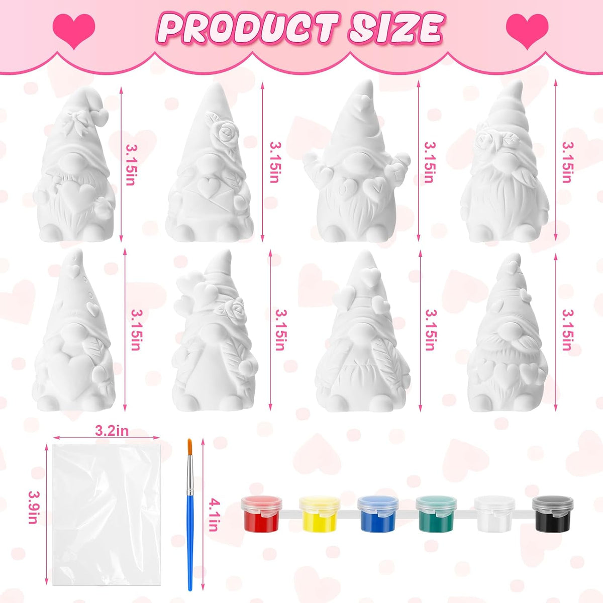 8 Pcs Mother's Day Gnome Ceramics to Paint Pink Ready to Paint Your Own Ceramic Gnome Statues DIY Unpainted Ceramics Paintable Figurines Kit Crafts with Brush Palette
