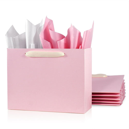 Padiaet 6 Pack Medium 10.5"x4"x8.1" Pink with Tissue Papers, Kraft Shopping Bags with Ribbon Handles, Retail Wrapping Set for All Occasions