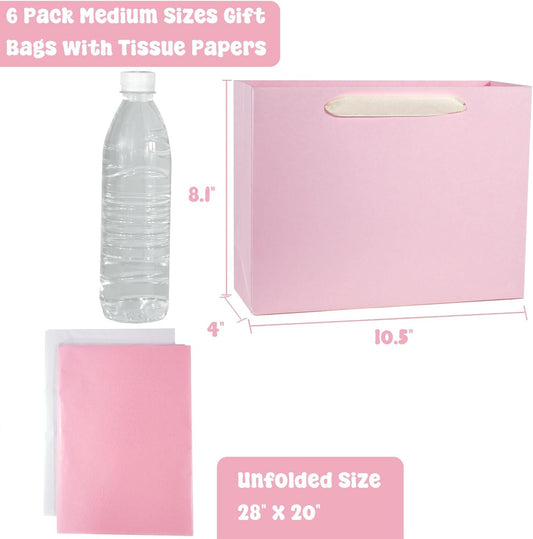 Padiaet 6 Pack Medium 10.5"x4"x8.1" Pink with Tissue Papers, Kraft Shopping Bags with Ribbon Handles, Retail Wrapping Set for All Occasions