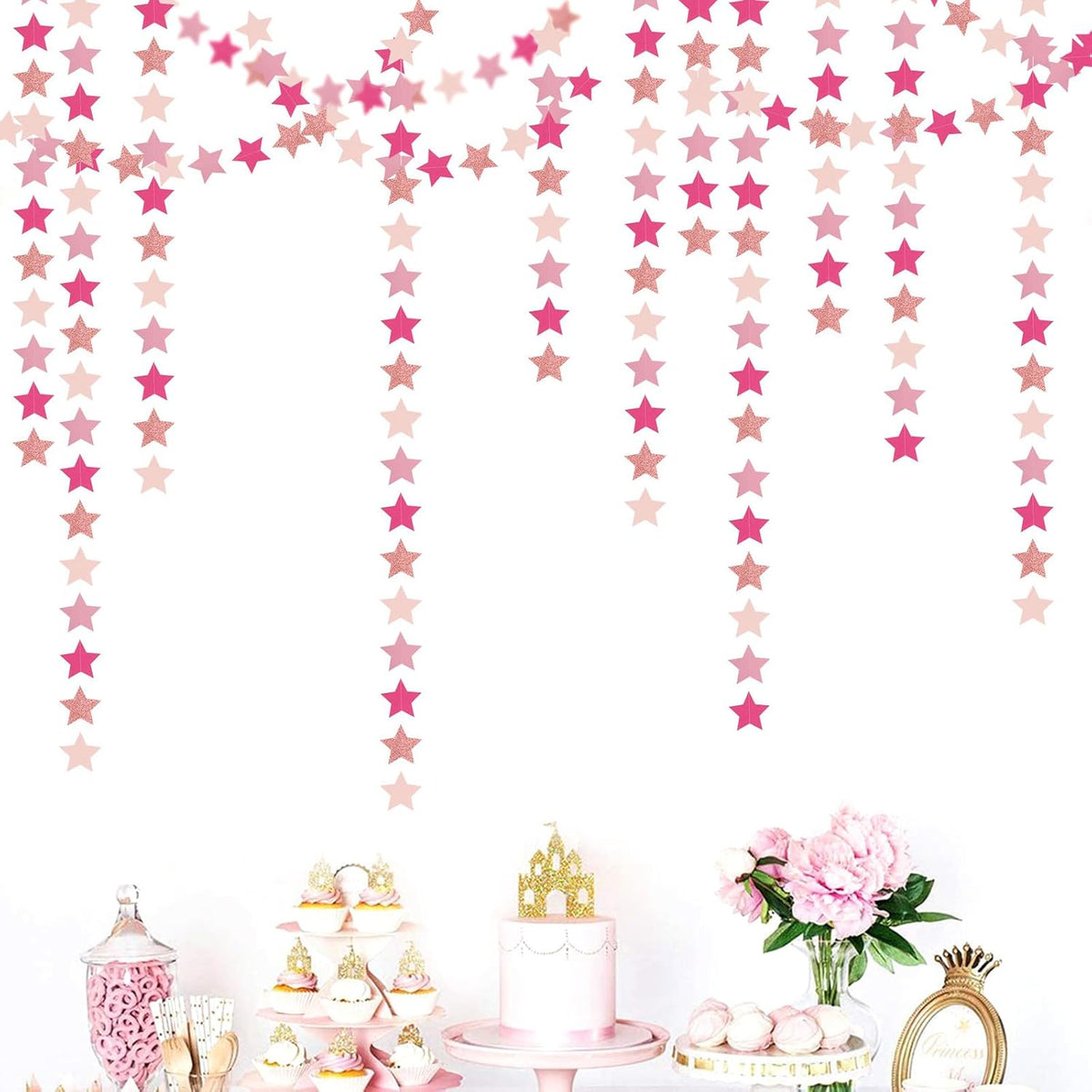 Hot-Pink Rose-Gold Party Decorations Garland - 62ft Twinkle Little Star Hanging Streamers Banner,Birthday Wedding Bridal Baby Shower Bachelorette Engagement Decor