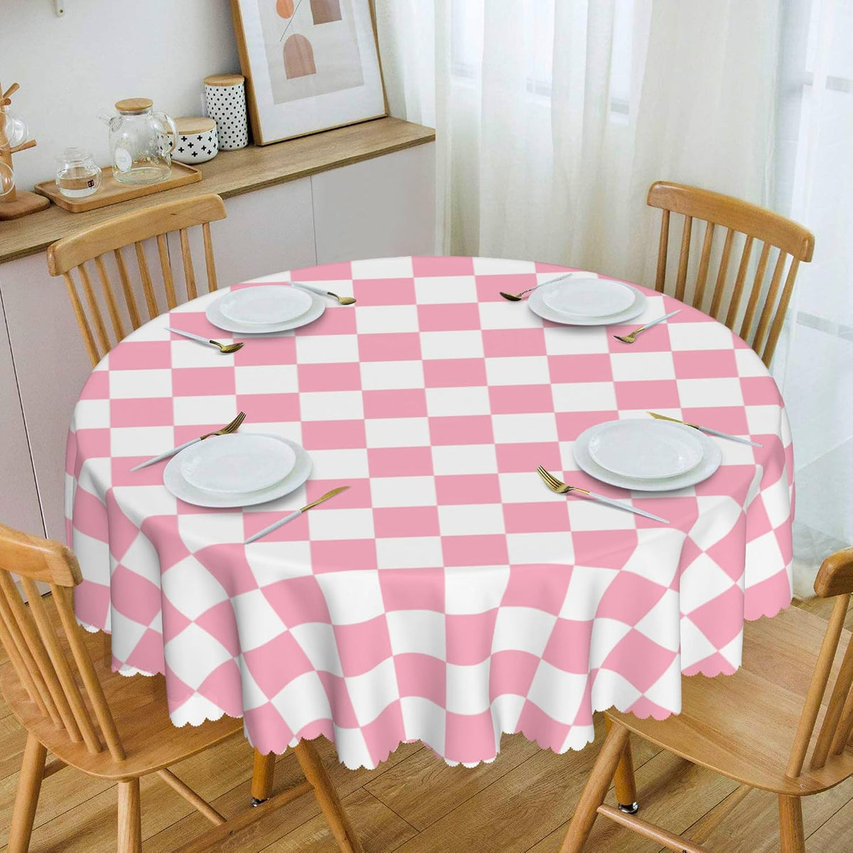 Checkered Table Cloth, Classic Checkerboard Tablecloth for Picnic, Party, Dinner Table Cover, Waterproof Washable Wrinkle Resistant (Pink, 60''x60'' (Round))