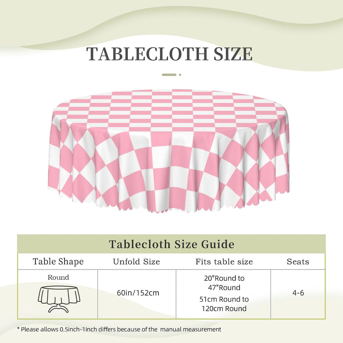 Checkered Table Cloth, Classic Checkerboard Tablecloth for Picnic, Party, Dinner Table Cover, Waterproof Washable Wrinkle Resistant (Pink, 60''x60'' (Round))
