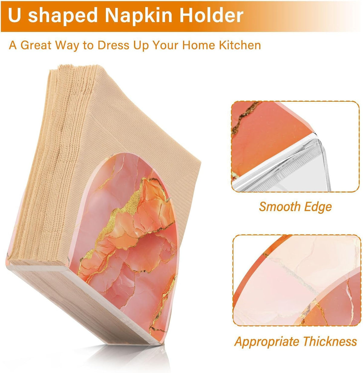 Acrylic Napkin Holder 2 Pack Holds 50-60 Napkins One-Piecing Molding Napkin Fit Kitchen & Dining Table Sturdy & durables Marble Peach Gold