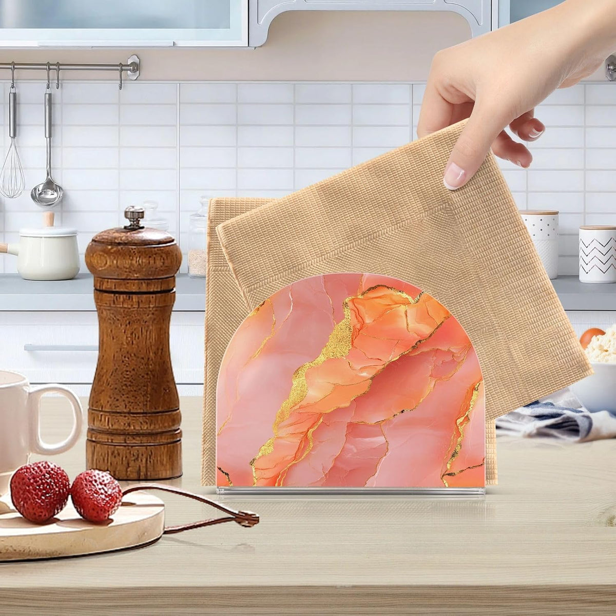 Acrylic Napkin Holder 2 Pack Holds 50-60 Napkins One-Piecing Molding Napkin Fit Kitchen & Dining Table Sturdy & durables Marble Peach Gold